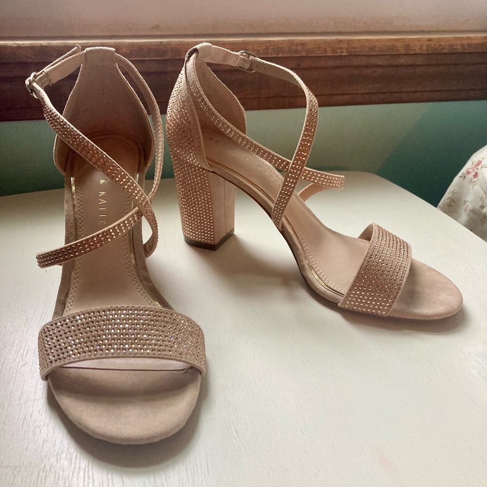 Cream 3 1/4 inch rhinestone block heels by Kelly and Katie.